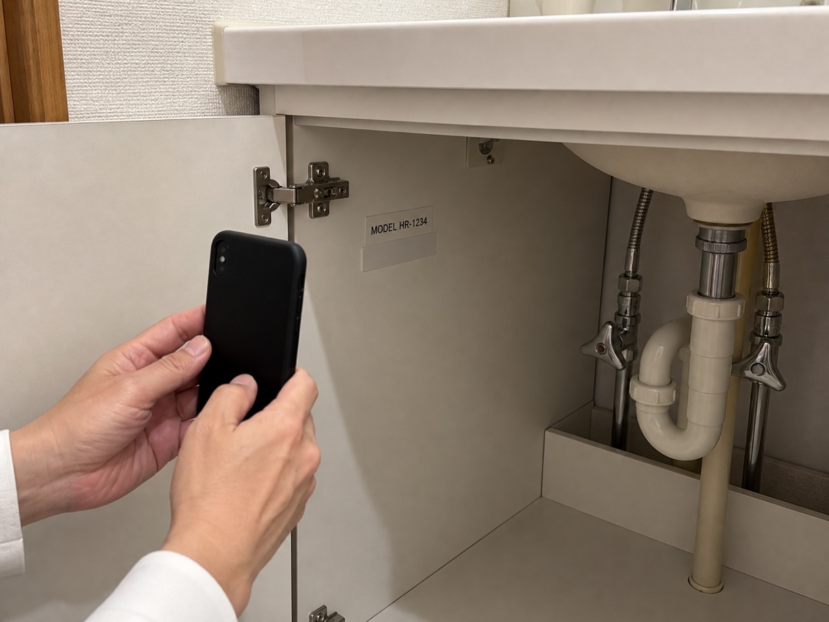 設備の架空の型番表示を安全な位置から撮影する例